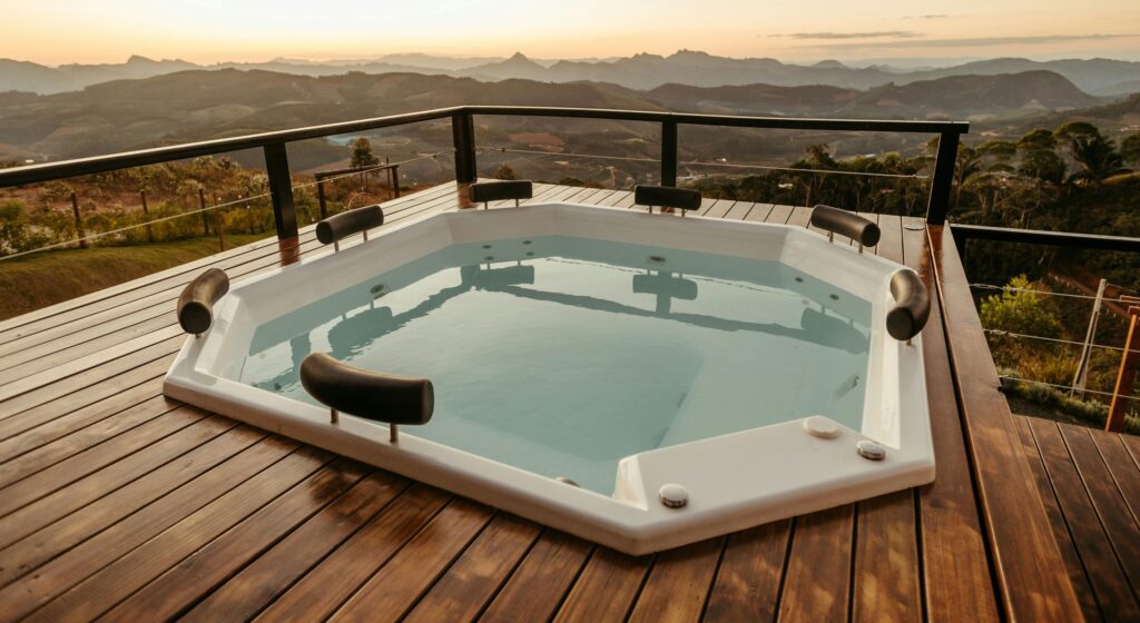 Relaxing hot tub with stunning mountain view at sunset, perfect for luxury retreats.